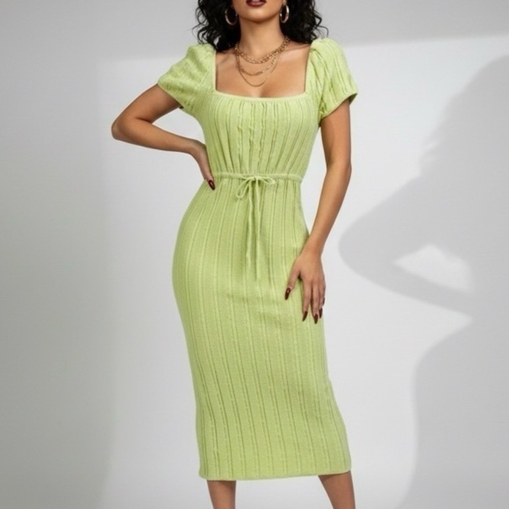 LPA Coco Ribbed Knit Square Neck Puff Sleeve Midi Sweater Dress Lime Green